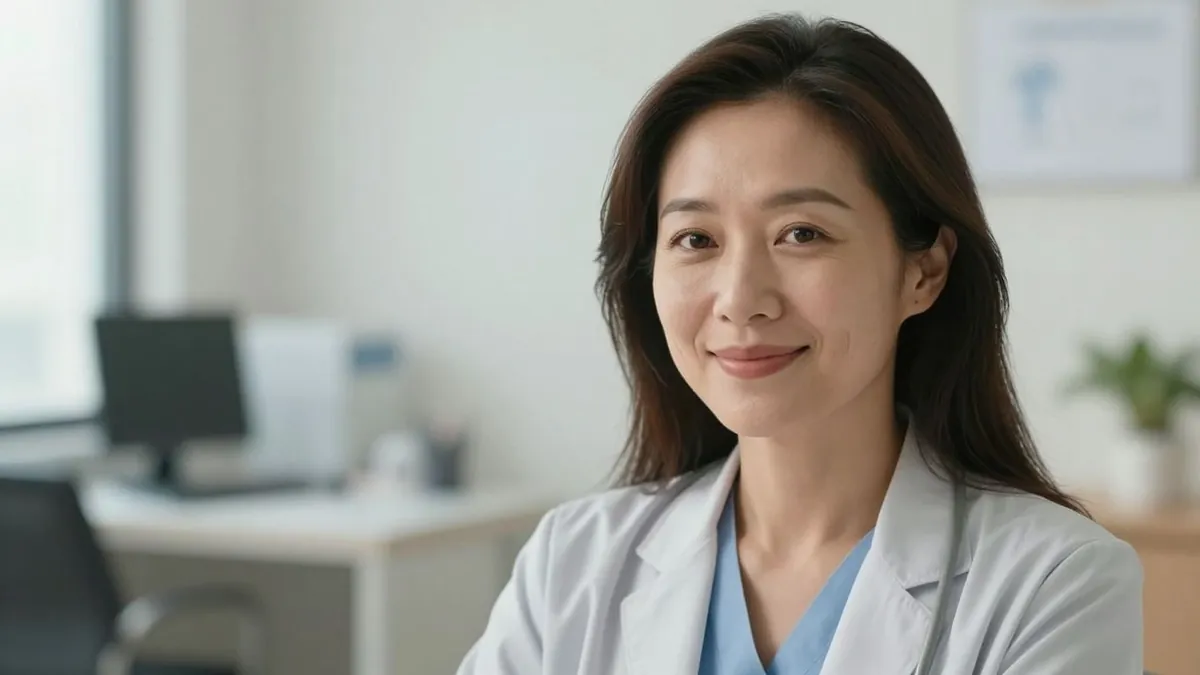 Mulher sorrindo em consultório médico para check-up hormonal.