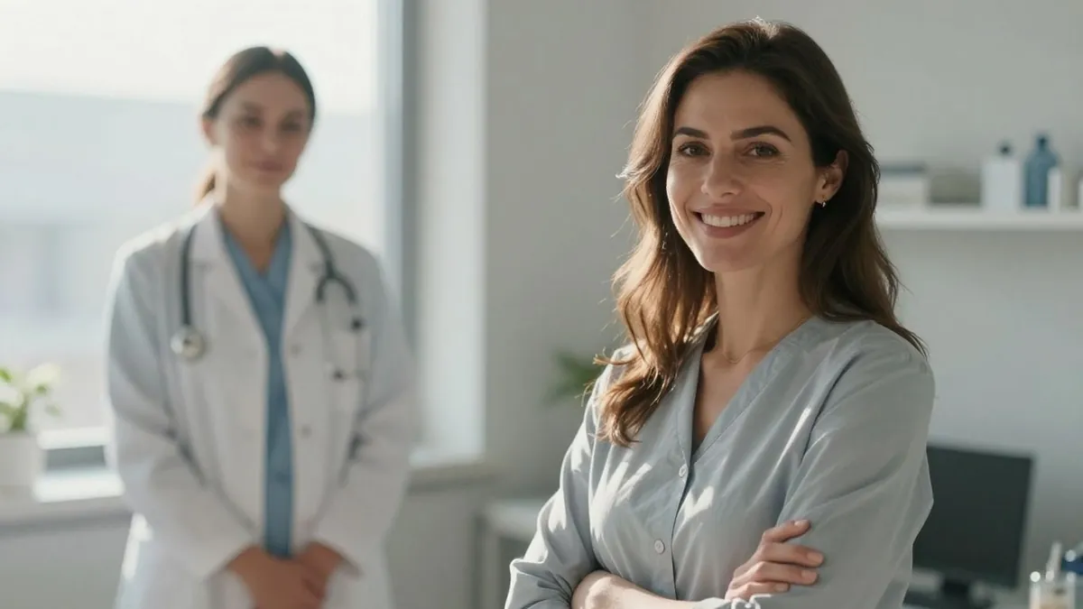 Mulher saudável com médica em clínica iluminada.