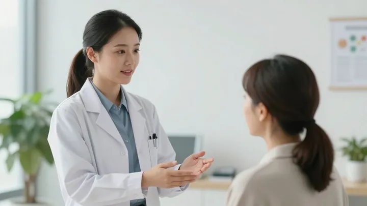 Médica conversando com paciente em consultório iluminado