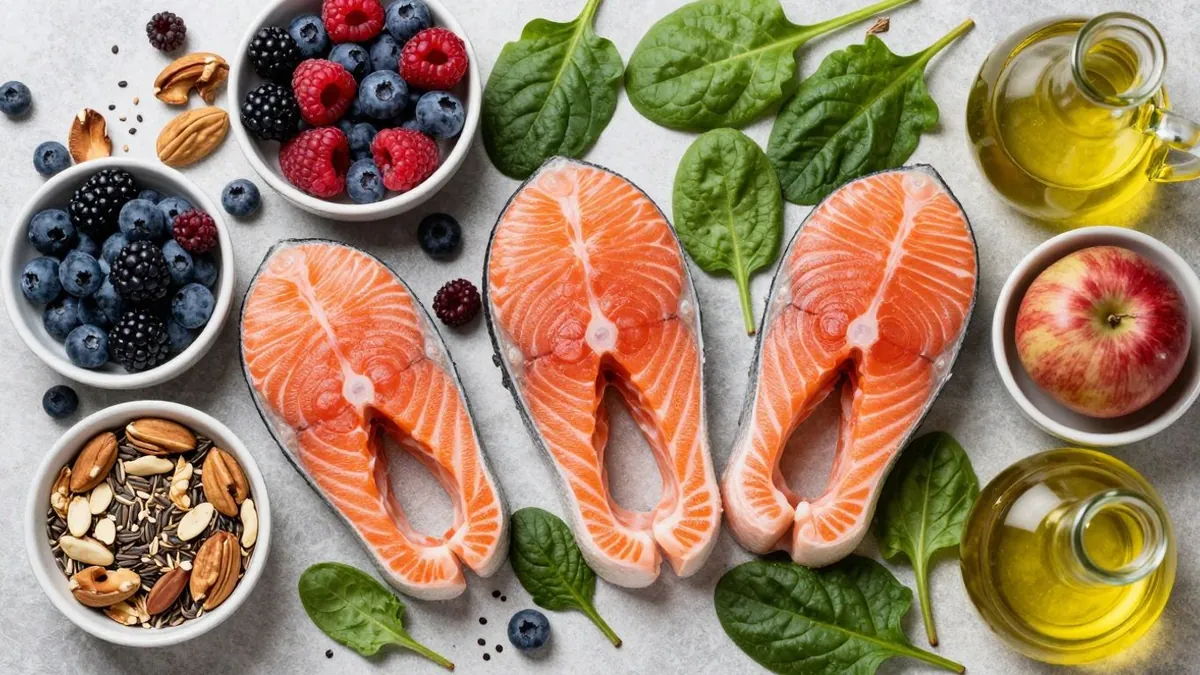 Pratos coloridos com alimentos anti-inflamatórios frescos e saudáveis.