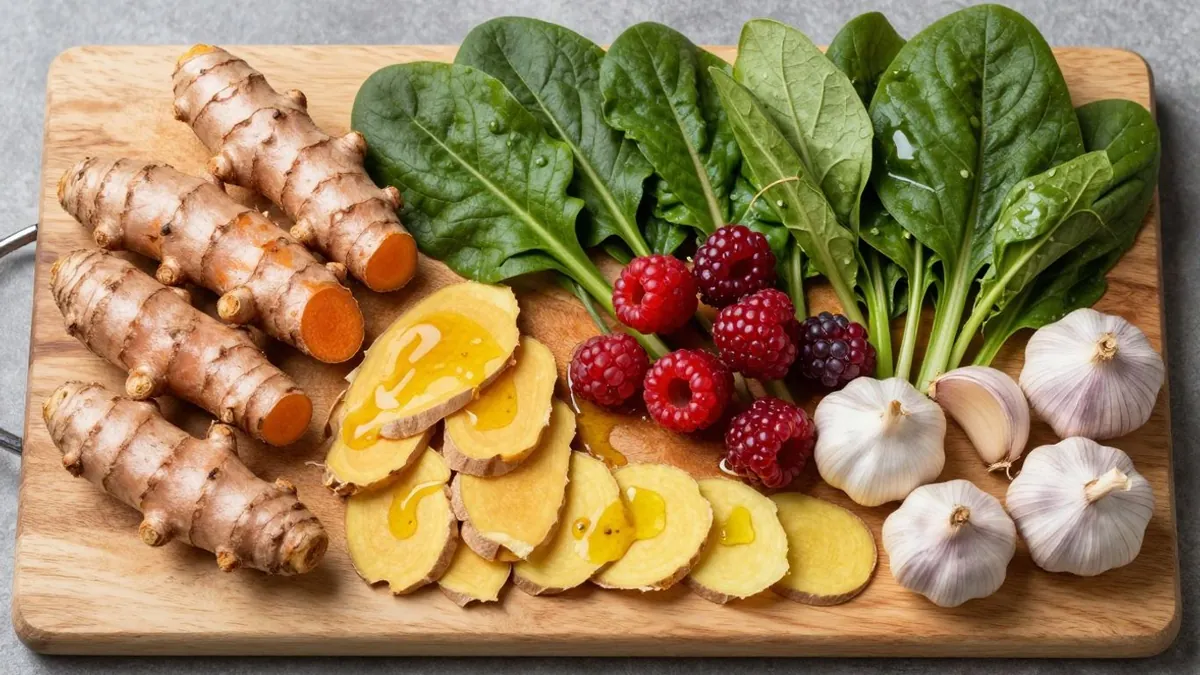 Comida anti-inflamatória colorida em uma tábua de madeira.