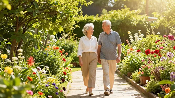 Casal idoso sorrindo em um jardim ensolarado.