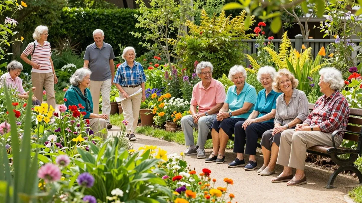 Pessoas idosas sorrindo em um jardim ensolarado.