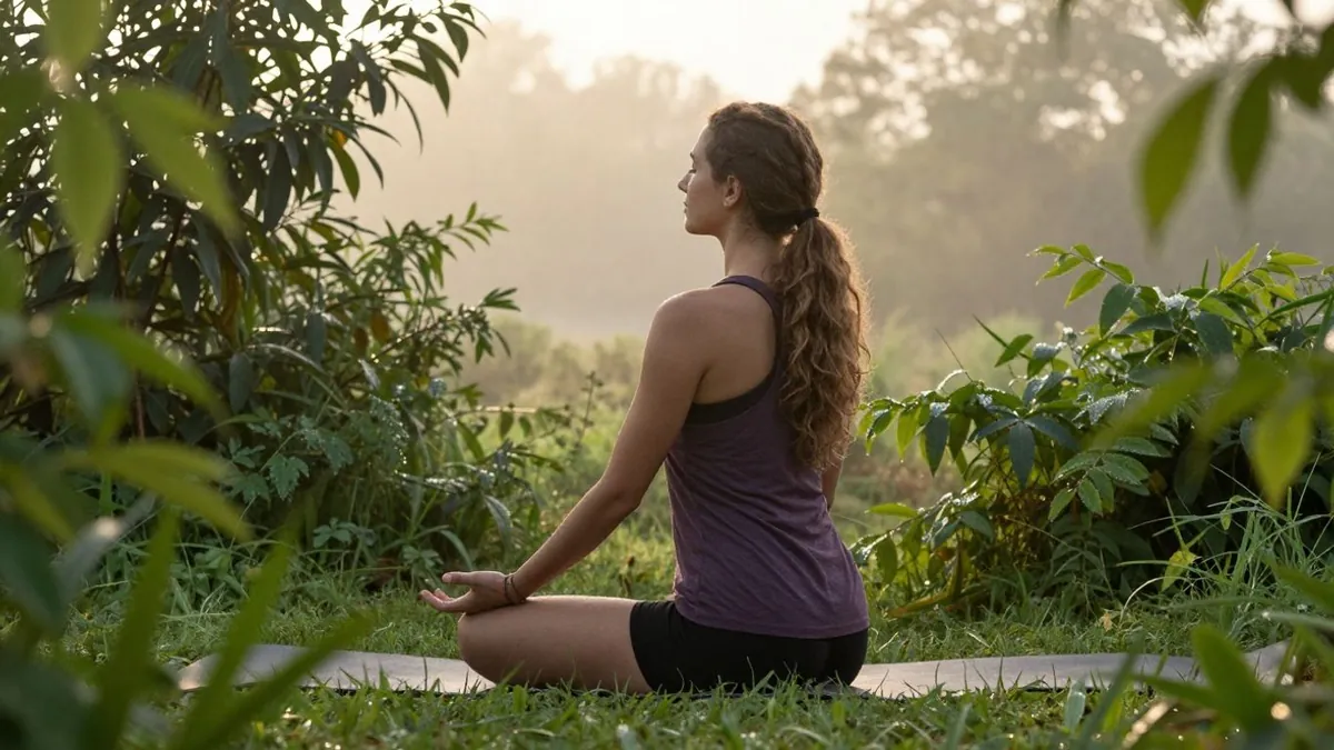 Mulher serena praticando yoga ao nascer do sol.