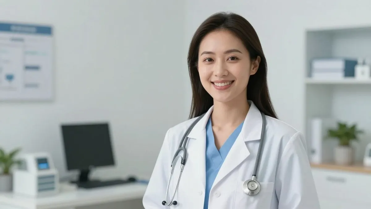 Dra. Renata Belatti sorrindo em consultório médico moderno.