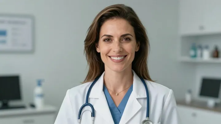 Dra. Renata Belatti, ginecologista, em consultório médico.