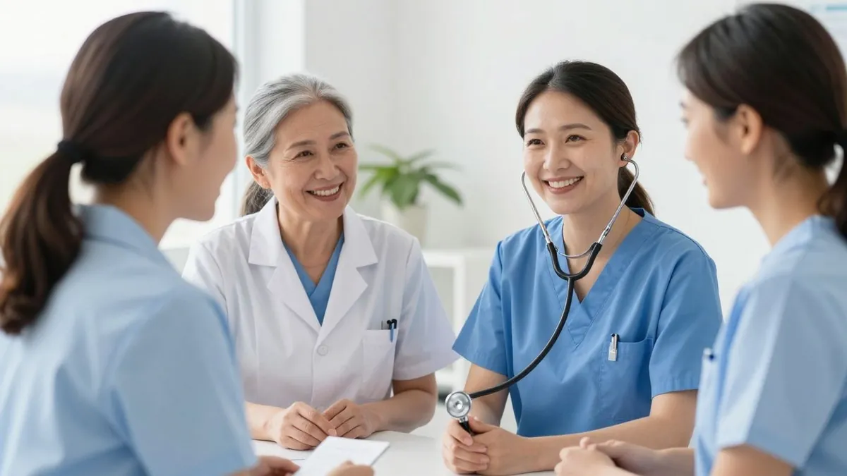 Mulheres sorrindo em ambiente médico, cuidado ginecológico.