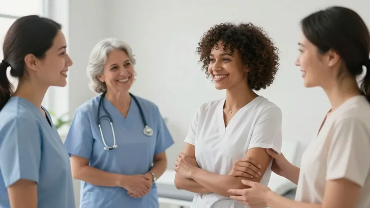 Mulheres sorrindo em ambiente médico, cuidando da saúde.
