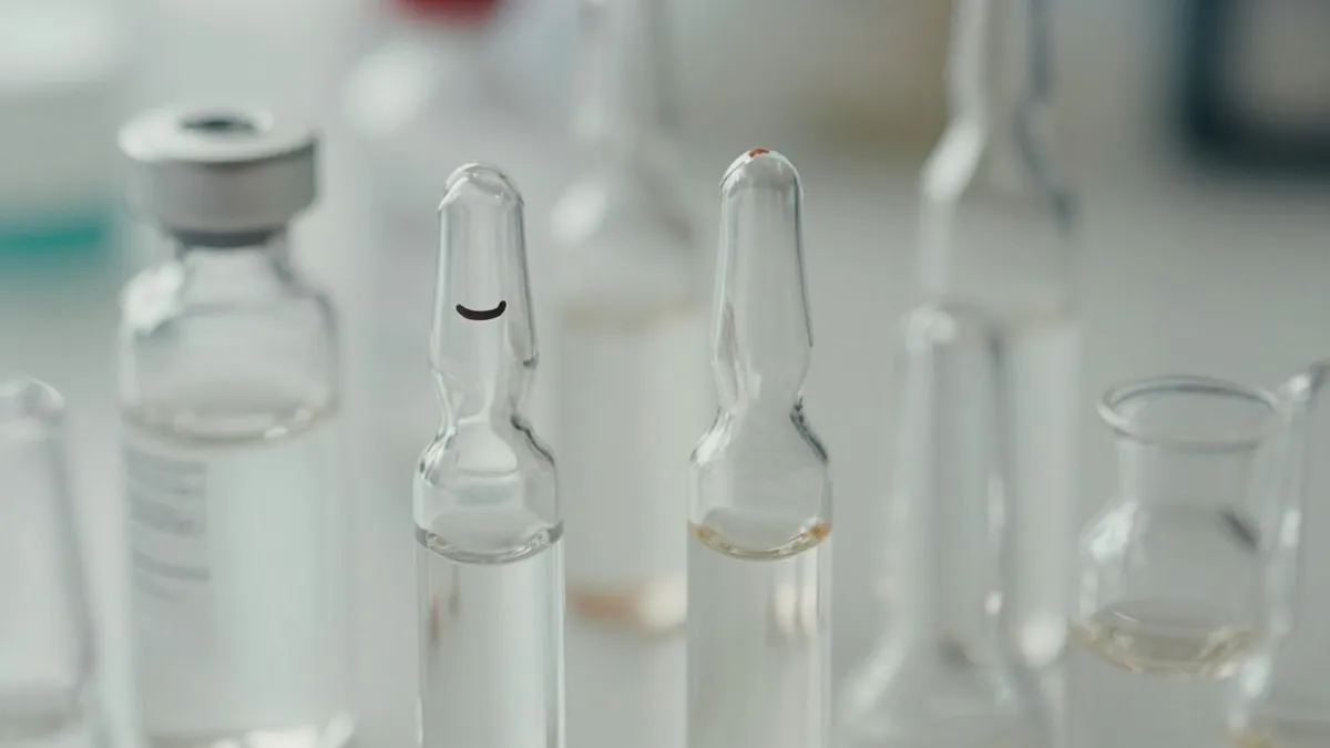Vários frascos de exames de hormônios em laboratório.