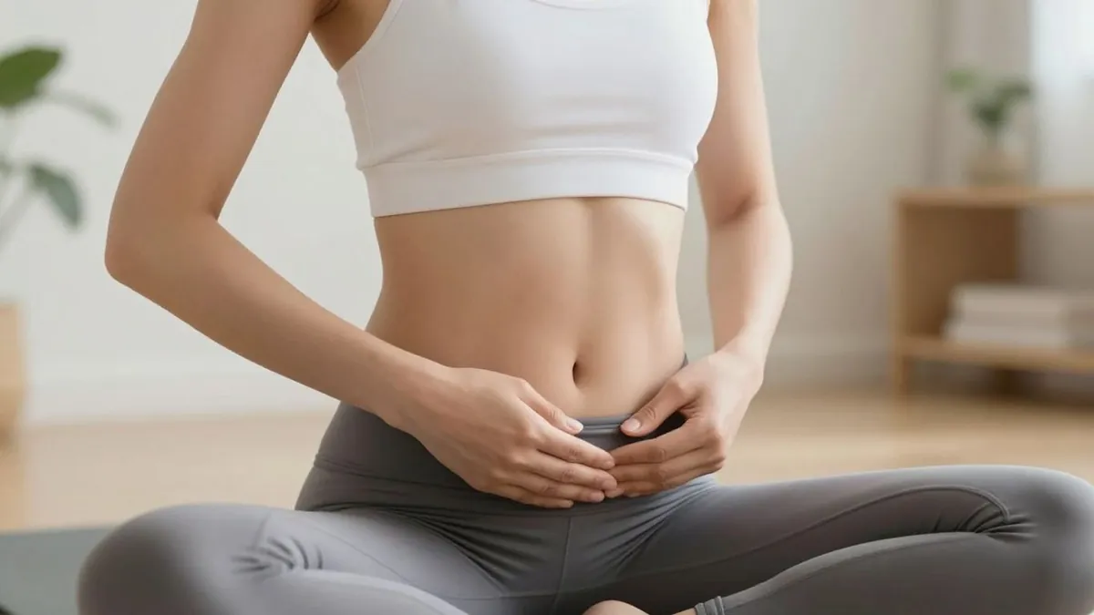 Mulher praticando exercícios pélvicos com foco e serenidade.