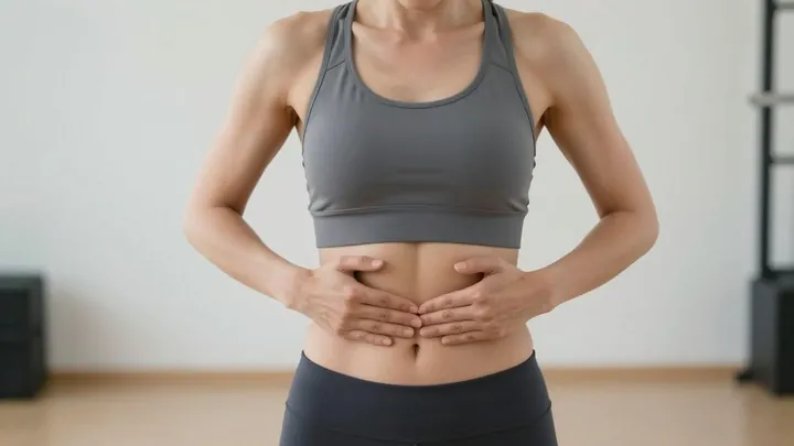 Mulher fazendo exercício pélvico com foco no abdômen.