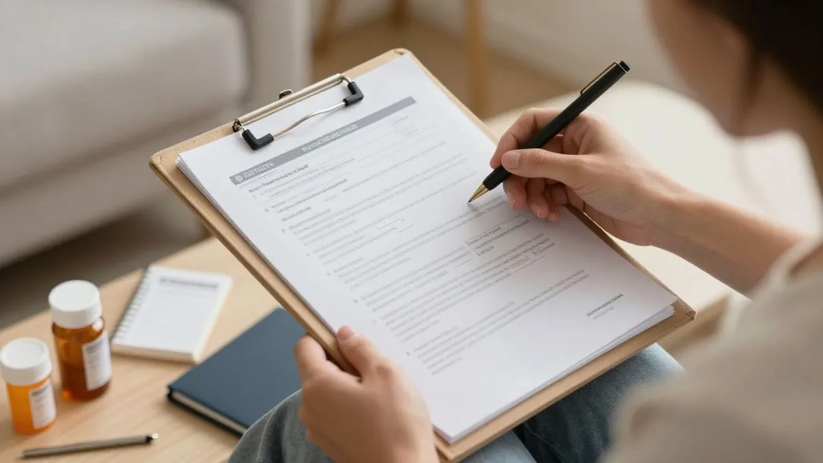 Paciente organizando documentos para consulta médica