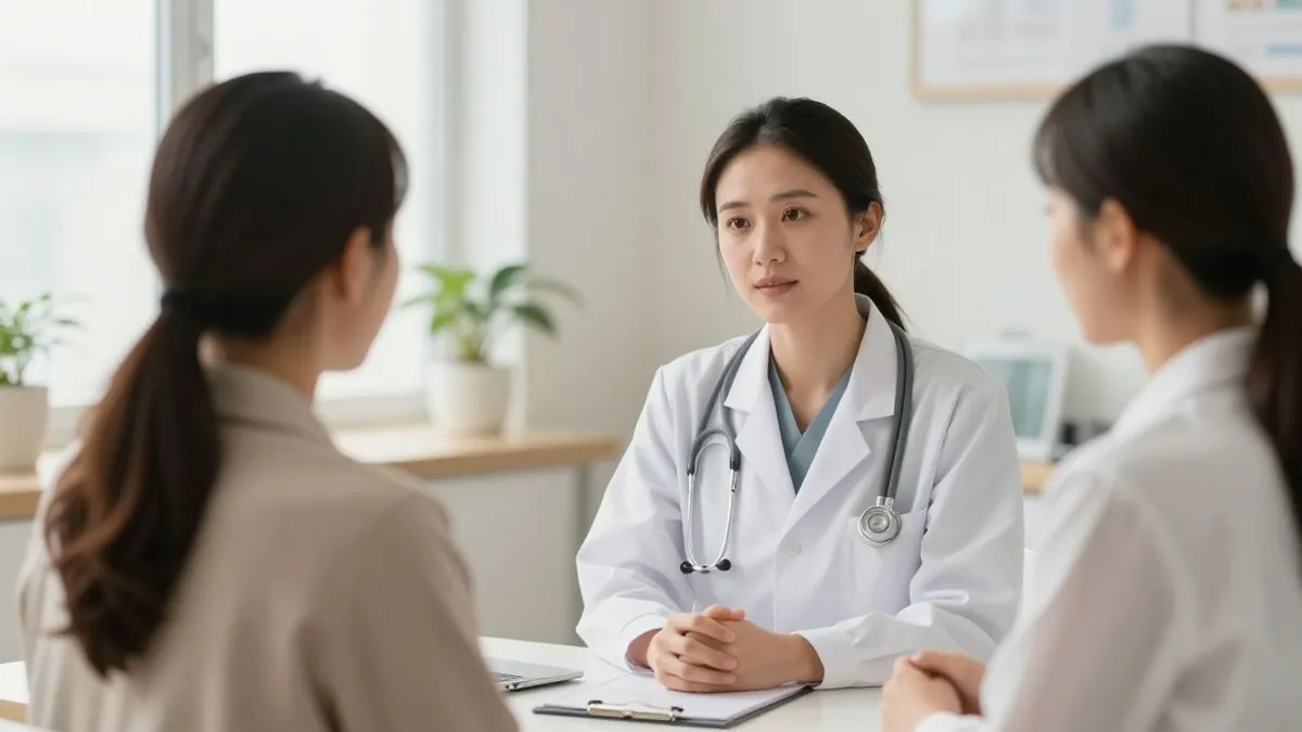 Mulher conversando com médica em consultório acolhedor
