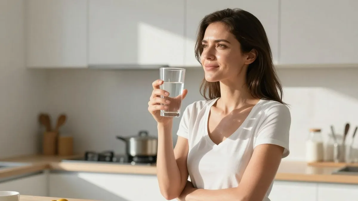 Mulher sorrindo com um copo de água em cozinha iluminada.
