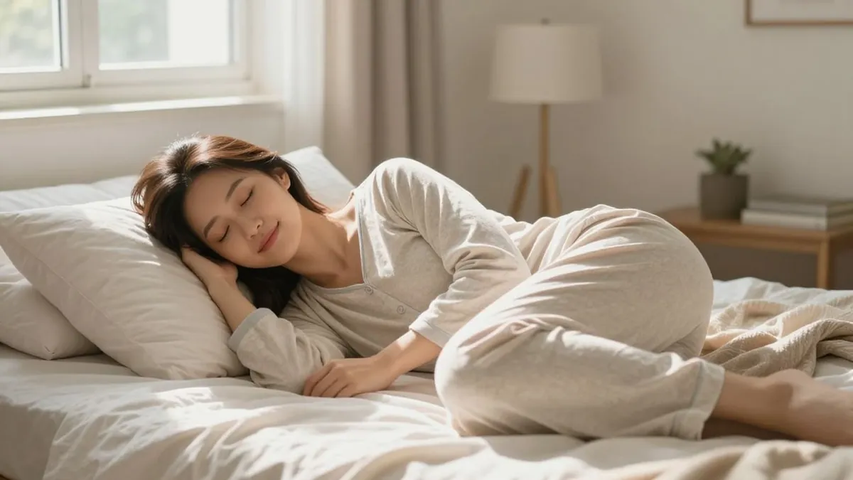 Mulher descansando após ninfoplastia, ambiente tranquilo e confortável.