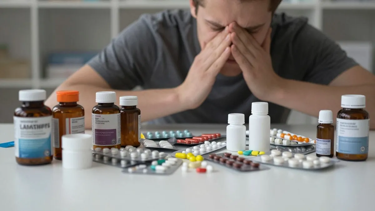 Pílulas e frascos de medicamentos em uma mesa.