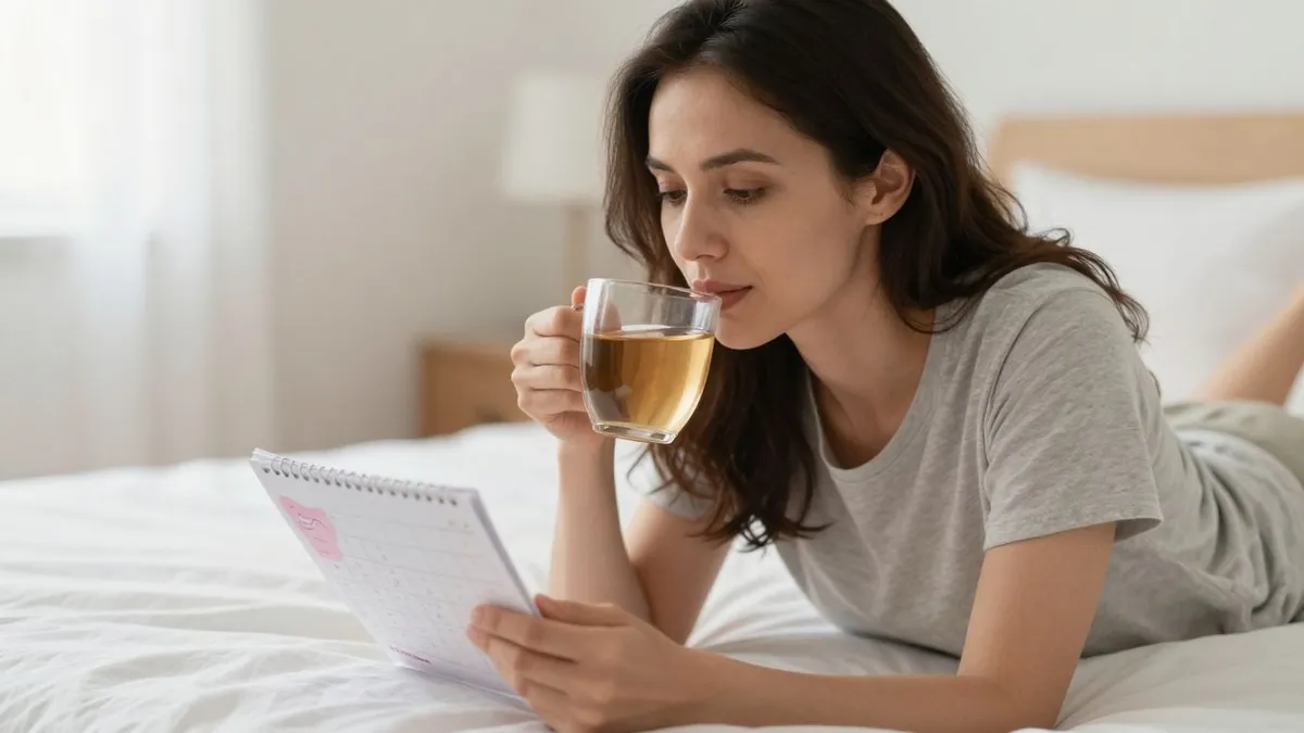 Mulher observando calendário menstrual em casa