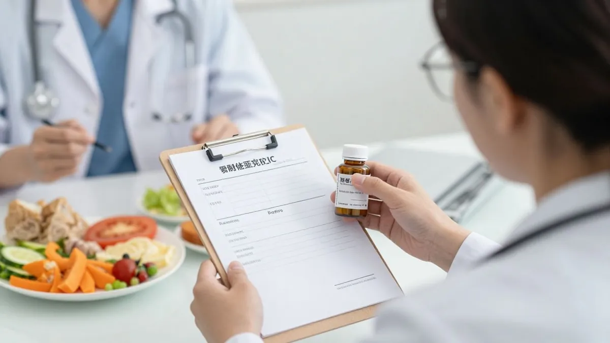 Médico com receita e medicamento para emagrecimento.