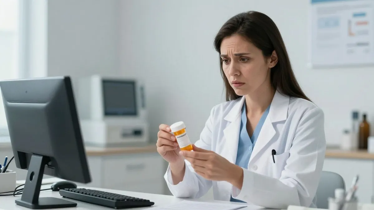 Mulher preocupada em consultório médico com receita médica.