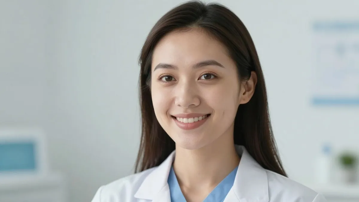 Mulher saudável e vibrante em ambiente médico.