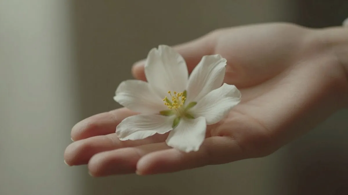 Mão feminina segurando flor delicada, intimidade e cuidado.