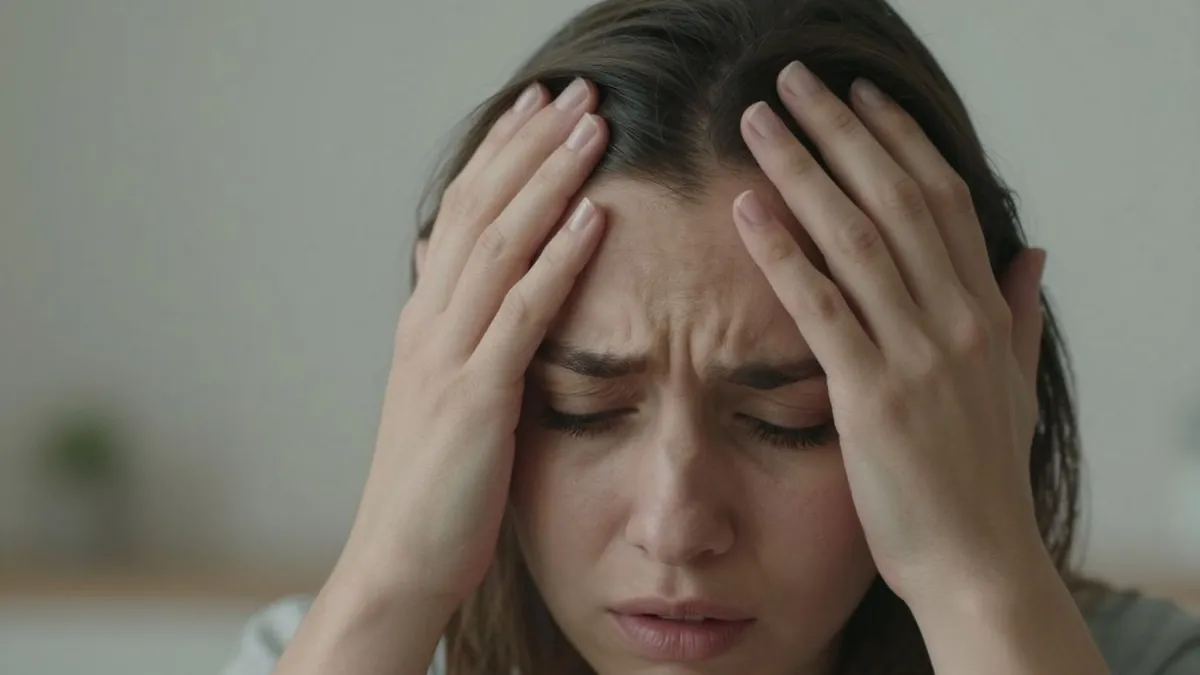 Pessoa com expressão de preocupação e desequilíbrio hormonal.