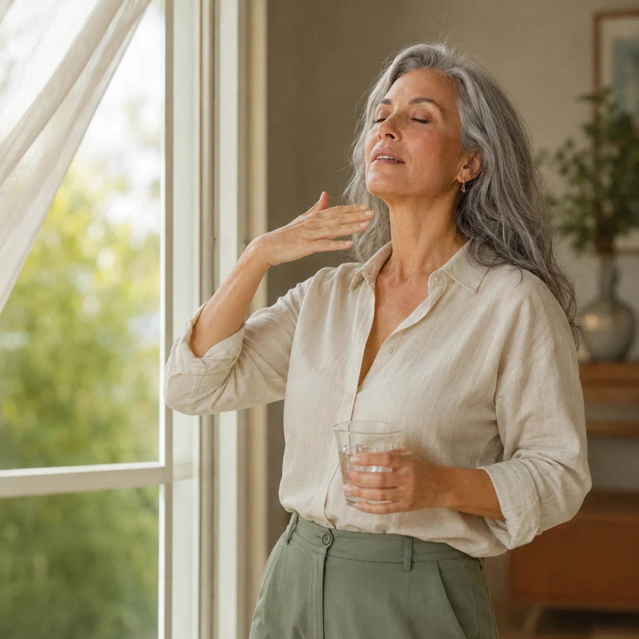 Mulher madura em ambiente tranquilo, representando o cuidado na menopausa